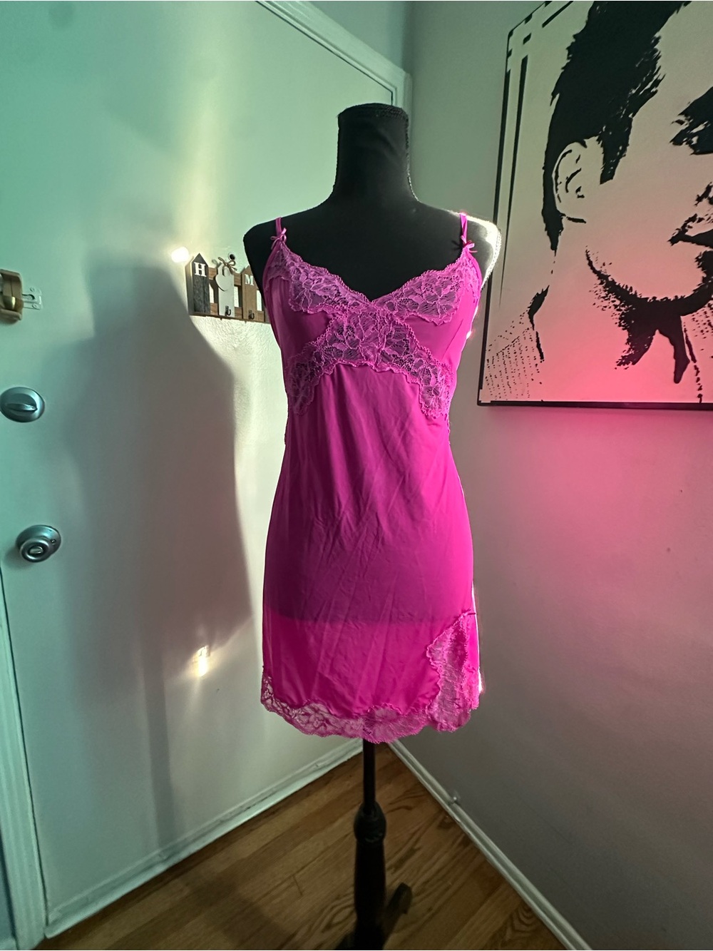 Victoria's Secret Bright Pink Lace Trim Chemise